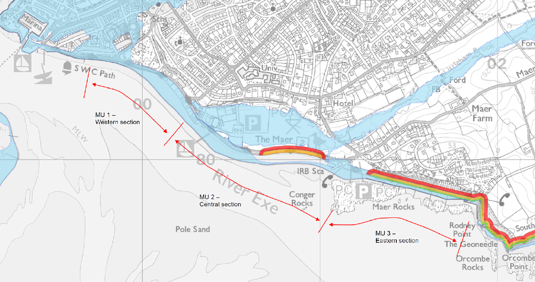 Map of Exmouth illustrating the Exmouth BMP areas at risk of flooding and erosion in greater detail. The areas shared in blue are in the Environment Agency Flood Zone 3. The green line represents short-term erosion risks, the orange line indicates medium-term erosion risk, and the thick red lines show where there is longer-term erosion risk.  The thinner red line with arrows divides the BMP area into three zones (western, central, and Eastern).