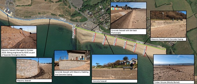 Map of Exmouth seafront from The Maer to Orcombe Point. There are photos of the sea defences with textboxes providing written details.