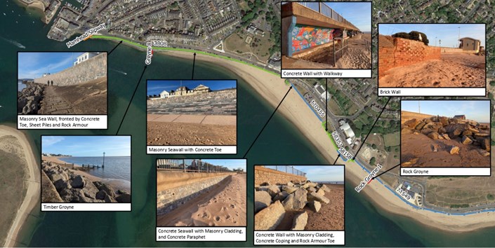 Alt text: Map of Exmouth seafront from Exmouth Marina to The Maer. There are photos of the sea defences with textboxes providing written details. (West to East) Masonry Sea Wall, fronted by Concrete Toe, Sheet Piles and Rock Armour; timber groye; masonry seawall with concrete toe; concrete seawall with masonry cladding, and concrete paraphet; concrete wall with walkway; concrete wall with masonry cladding, concrete coping and rock armour toe; brick wall; rock groyne