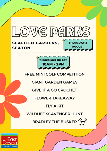 Love Parks in Seafield Gardens, Seaton on Thursday 3 August. Free activities from 10am-2pm include free mini golf competition, give it a go crochet and giant garden games.