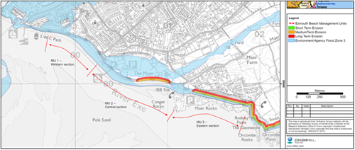 Map with the areas at risk of flooding and erosion along the Exmouth BMP frontage shown (as defined in the Exmouth BMP, 2015).