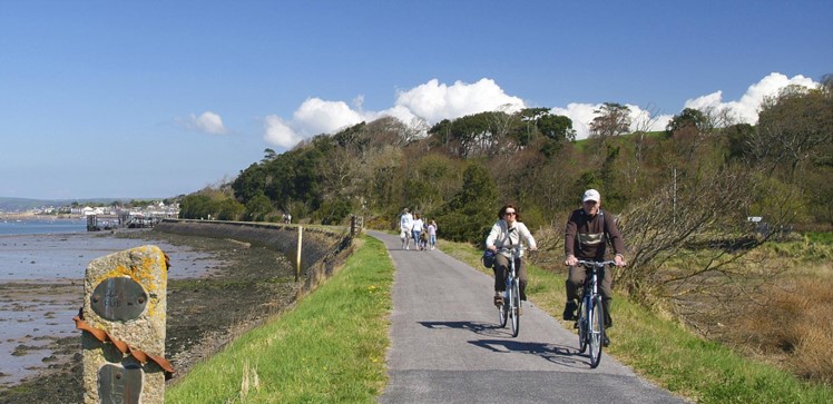 Photograph of Topsham cycle path with two cyclists and a family walking in the background