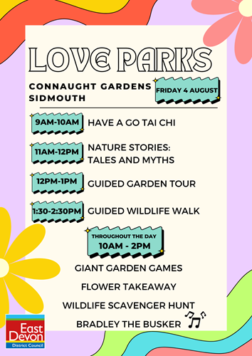 Love Parks in Connaught Gardens, Sidmouth on Friday 4 August. Have a go tai chi from 9am-10am, nature stories from 11am-12pm and guided tours of the gardens at 12pm-1pm and 1:30pm-2:30pm.