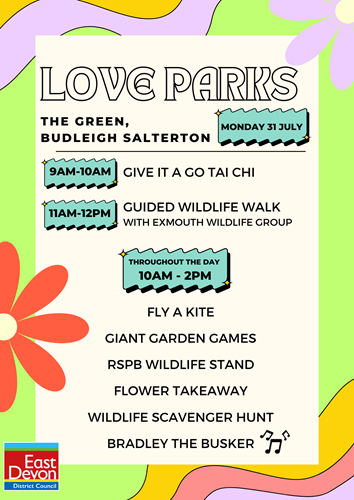 Love Parks happening on The Green, Budleigh on Monday 31st July. Give it a go tai chi from 9am. Other free activities from 10am-2pm include giant garden games, wildlife scavenger hunt and a guided wildlife walk.