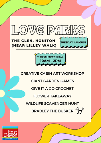 Love Parks at the Glen in Honiton on Tuesday 1 August. Free activities from 10am-2pm include give it a go crochet, creative art workshop and wildlife scavenger hunt.